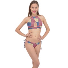 Model Mosaic Wallpaper Texture Cross Front Halter Bikini Set