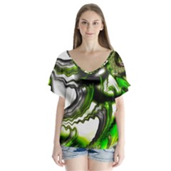 Fractal Green Trumpet Trump V-neck Flutter Sleeve Top by Pakrebo