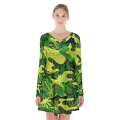 Marijuana Camouflage Cannabis Drug Long Sleeve Velvet V-neck Dress by Pakrebo