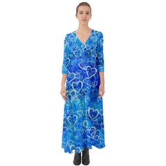 Valentine Heart Love Blue Button Up Boho Maxi Dress