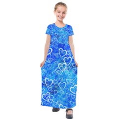 Valentine Heart Love Blue Kids  Short Sleeve Maxi Dress