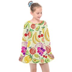 Seamless Pattern Fruit Kids  Long Sleeve Dress by Mariart