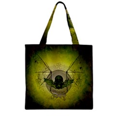 Awesome Creepy Skull With Wings Zipper Grocery Tote Bag by FantasyWorld7