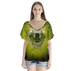 Awesome Creepy Skull With Wings V-neck Flutter Sleeve Top by FantasyWorld7