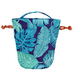 Tropical Greens Leaves Banana Drawstring Bucket Bag by Mariart