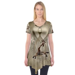 Funny Giraffe With Herats And Butterflies Short Sleeve Tunic  by FantasyWorld7