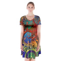 Time Clock Distortion Short Sleeve V-neck Flare Dress