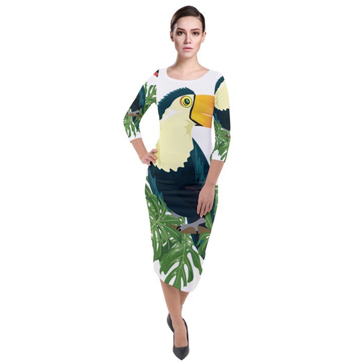 Tropical Birds Quarter Sleeve Midi Velour Bodycon Dress