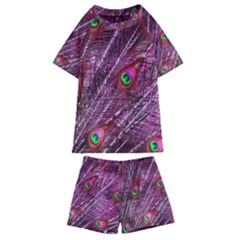 Red Peacock Feathers Color Plumage Kids  Swim Tee And Shorts Set