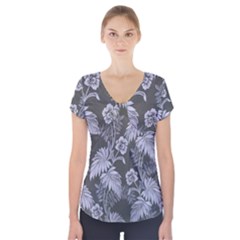 Curtain Ornament Flowers Leaf Short Sleeve Front Detail Top by Pakrebo