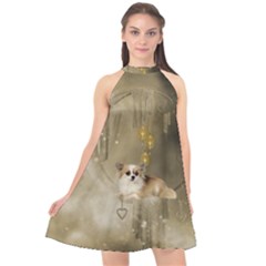 Cute Little Chihuahua With Hearts On The Moon Halter Neckline Chiffon Dress  by FantasyWorld7