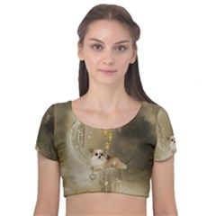 Cute Little Chihuahua With Hearts On The Moon Velvet Short Sleeve Crop Top  by FantasyWorld7