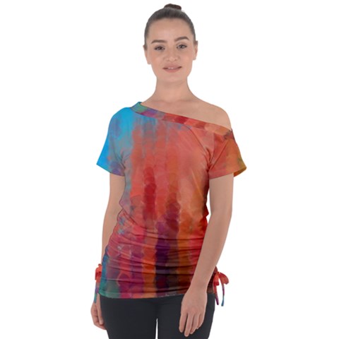 Coral Rainbow Off Shoulder Tie-up Tee by TRENDYcouture