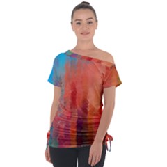 Coral Rainbow Off Shoulder Tie-up Tee