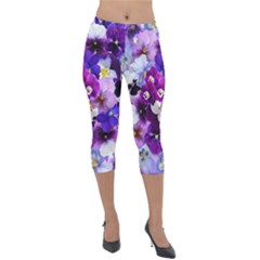 Pretty Purple Pansies Lightweight Velour Capri Leggings 