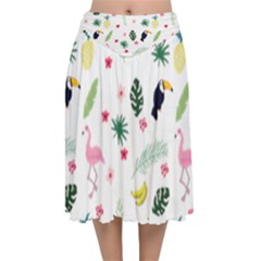 Tropical Vector Elements Peacock Velvet Flared Midi Skirt