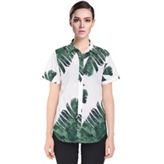 Watercolor Dark Green Banana Leaf Women s Short Sleeve Shirt