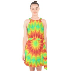 Kaleidoscope Background Mandala Red Green Halter Collar Waist Tie Chiffon Dress