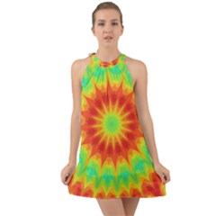 Kaleidoscope Background Mandala Red Green Halter Tie Back Chiffon Dress