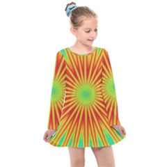 Kaleidoscope Background Mandala Red,green Sun Kids  Long Sleeve Dress