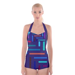 Line Background Abstract Boyleg Halter Swimsuit 