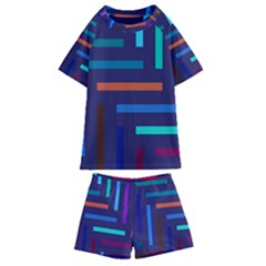 Line Background Abstract Kids  Swim Tee And Shorts Set