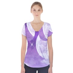 Purple Sky Star Moon Clouds Short Sleeve Front Detail Top