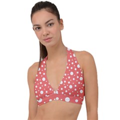 Polka Dot On Living Coral Halter Plunge Bikini Top by LoolyElzayat