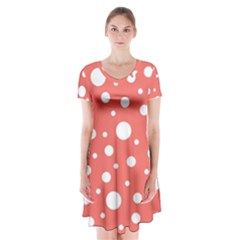 Polka Dot On Living Coral Short Sleeve V-neck Flare Dress by LoolyElzayat