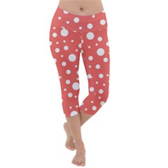 Polka Dot On Living Coral Lightweight Velour Capri Yoga Leggings by LoolyElzayat