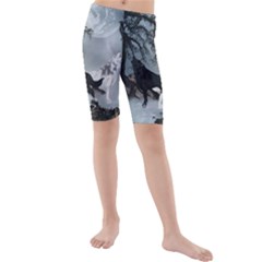 Awesome Black And White Wolf In The Dark Night Kids  Mid Length Swim Shorts by FantasyWorld7