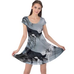 Awesome Black And White Wolf In The Dark Night Cap Sleeve Dress by FantasyWorld7