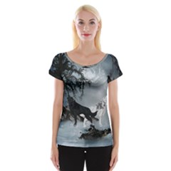 Awesome Black And White Wolf In The Dark Night Cap Sleeve Top by FantasyWorld7