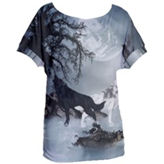 Awesome Black And White Wolf In The Dark Night Women s Oversized Tee by FantasyWorld7