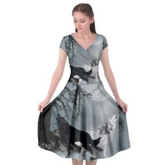 Awesome Black And White Wolf In The Dark Night Cap Sleeve Wrap Front Dress by FantasyWorld7