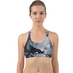 Awesome Black And White Wolf In The Dark Night Back Web Sports Bra by FantasyWorld7