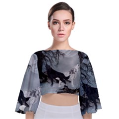 Awesome Black And White Wolf In The Dark Night Tie Back Butterfly Sleeve Chiffon Top by FantasyWorld7