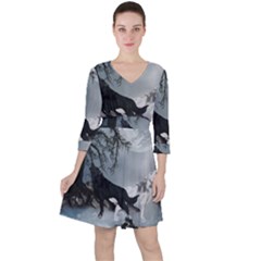 Awesome Black And White Wolf In The Dark Night Ruffle Dress by FantasyWorld7