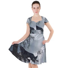 Awesome Black And White Wolf In The Dark Night Cap Sleeve Midi Dress by FantasyWorld7