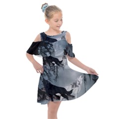 Awesome Black And White Wolf In The Dark Night Kids  Shoulder Cutout Chiffon Dress by FantasyWorld7