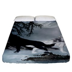Awesome Black And White Wolf In The Dark Night Fitted Sheet (king Size) by FantasyWorld7