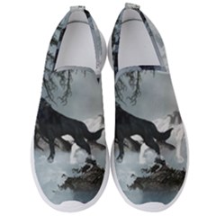 Awesome Black And White Wolf In The Dark Night Men s Slip On Sneakers by FantasyWorld7