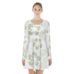 Hibiscus Green Pattern Plant Long Sleeve Velvet V-neck Dress by Alisyart