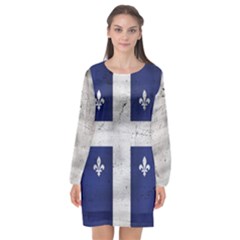 Flag Quebec Drapeau Grunge Fleur De Lys Blue And White Long Sleeve Chiffon Shift Dress  by Quebec