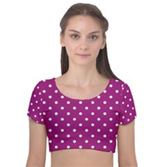 Polka Dots In Purple Velvet Short Sleeve Crop Top  by WensdaiAmbrose