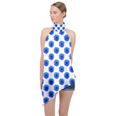 Sunflower Digital Paper Blue Halter Asymmetric Satin Top