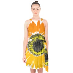 Sunflower Flower Yellow Orange Halter Collar Waist Tie Chiffon Dress by Mariart
