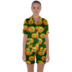 Seamless Orange Pattern Satin Short Sleeve Pyjamas Set