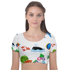 Summer Dolphin Whale Velvet Short Sleeve Crop Top 