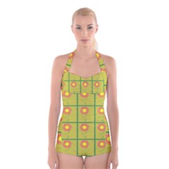 Sunflower Pattern Boyleg Halter Swimsuit 